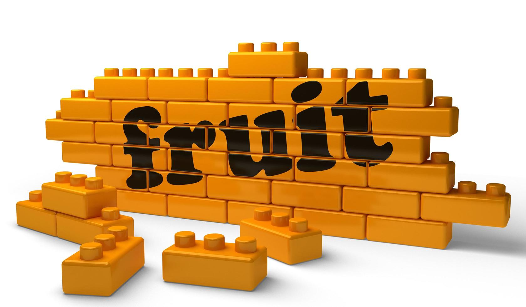 palavra de frutas na parede de tijolos amarelos foto