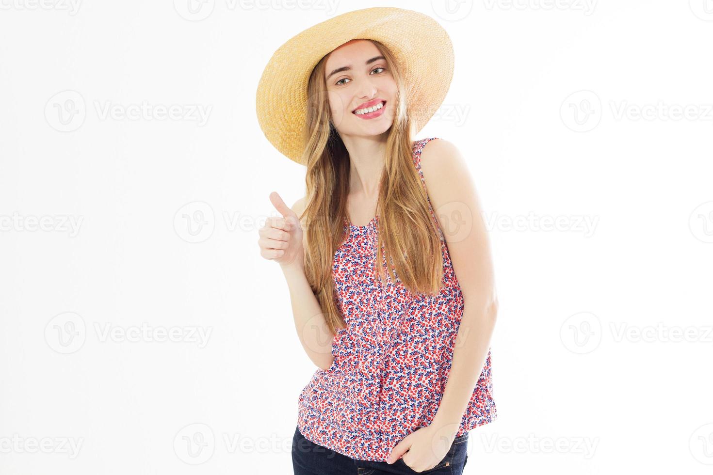 retrato de uma mulher feliz menina alegre no chapéu de verão mostrando como gesto isolado sobre fundo branco. foto