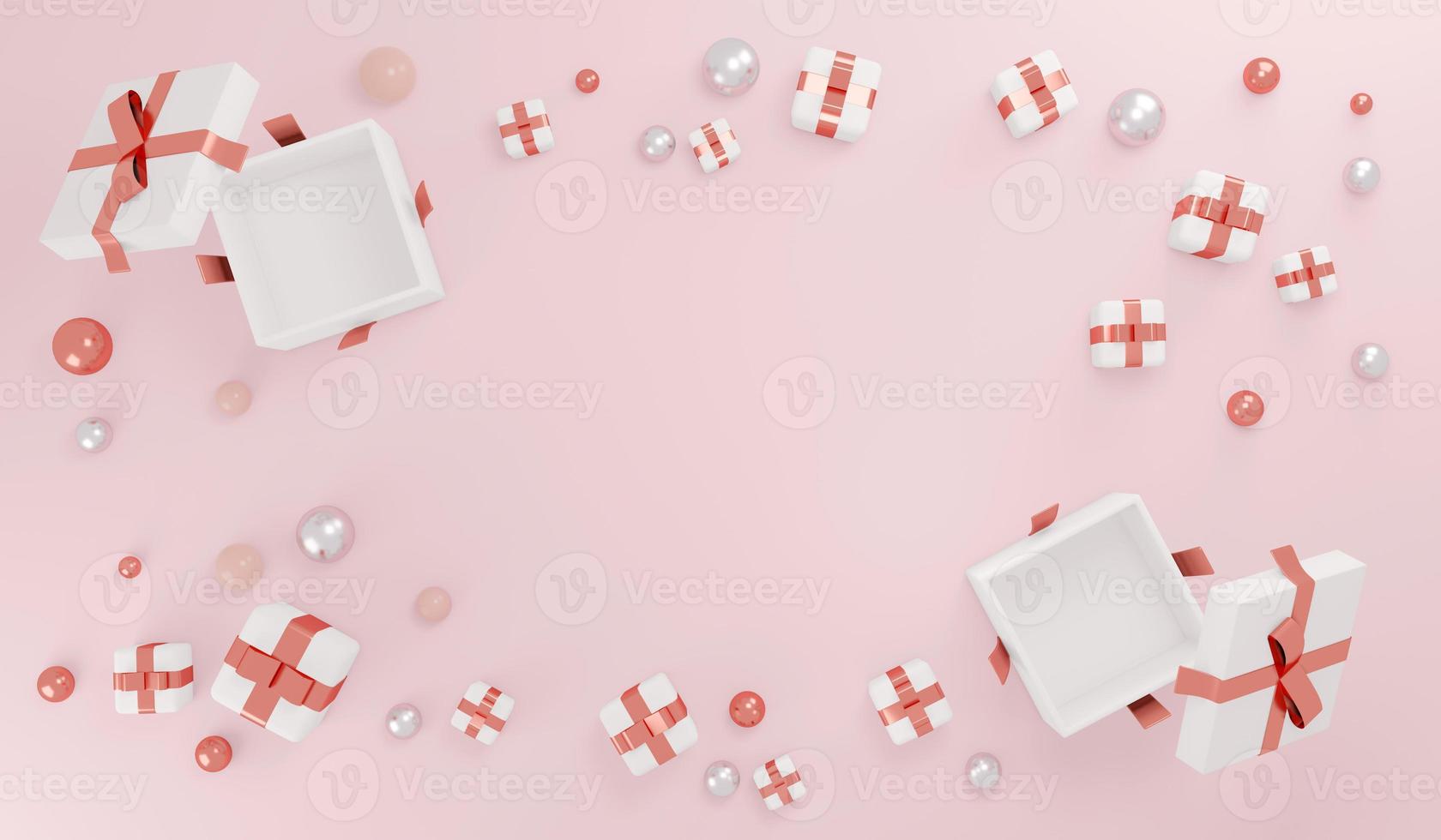O conceito de renderização 3D da caixa de presente rosa abre para mostrar o espaço em branco dentro com espaço de cópia para banner de design comercial. renderização 3D. foto