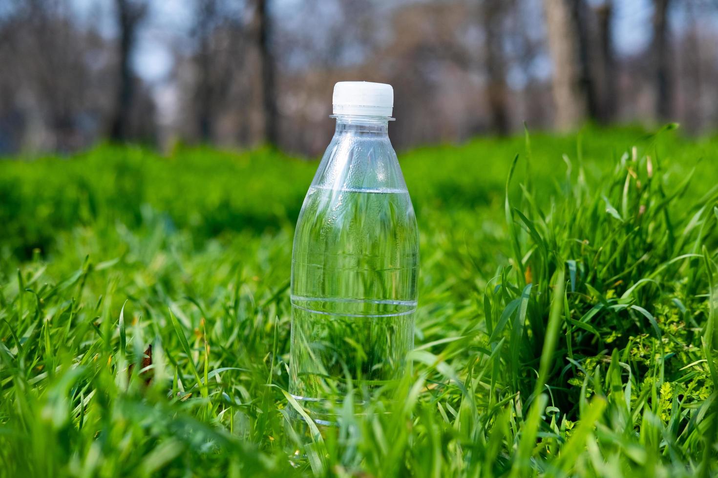garrafa plástica de água fresca na grama verde foto