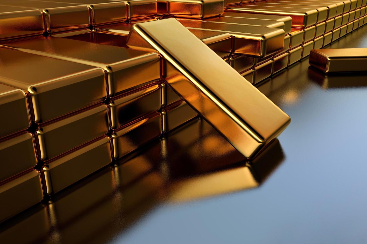 Ilustração 3D, barras de ouro em um cofre de banco. renderização 3D de barras de ouro empilhadas umas sobre as outras em grande número foto