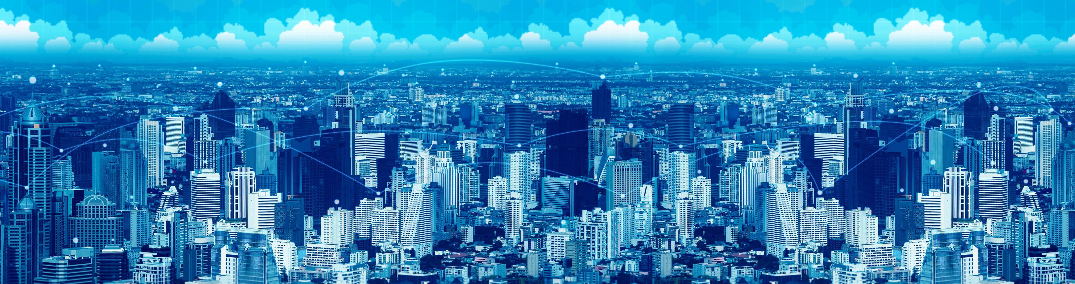 cidade visual azul com linha de rede digital para tecnologia de conexão de dados foto