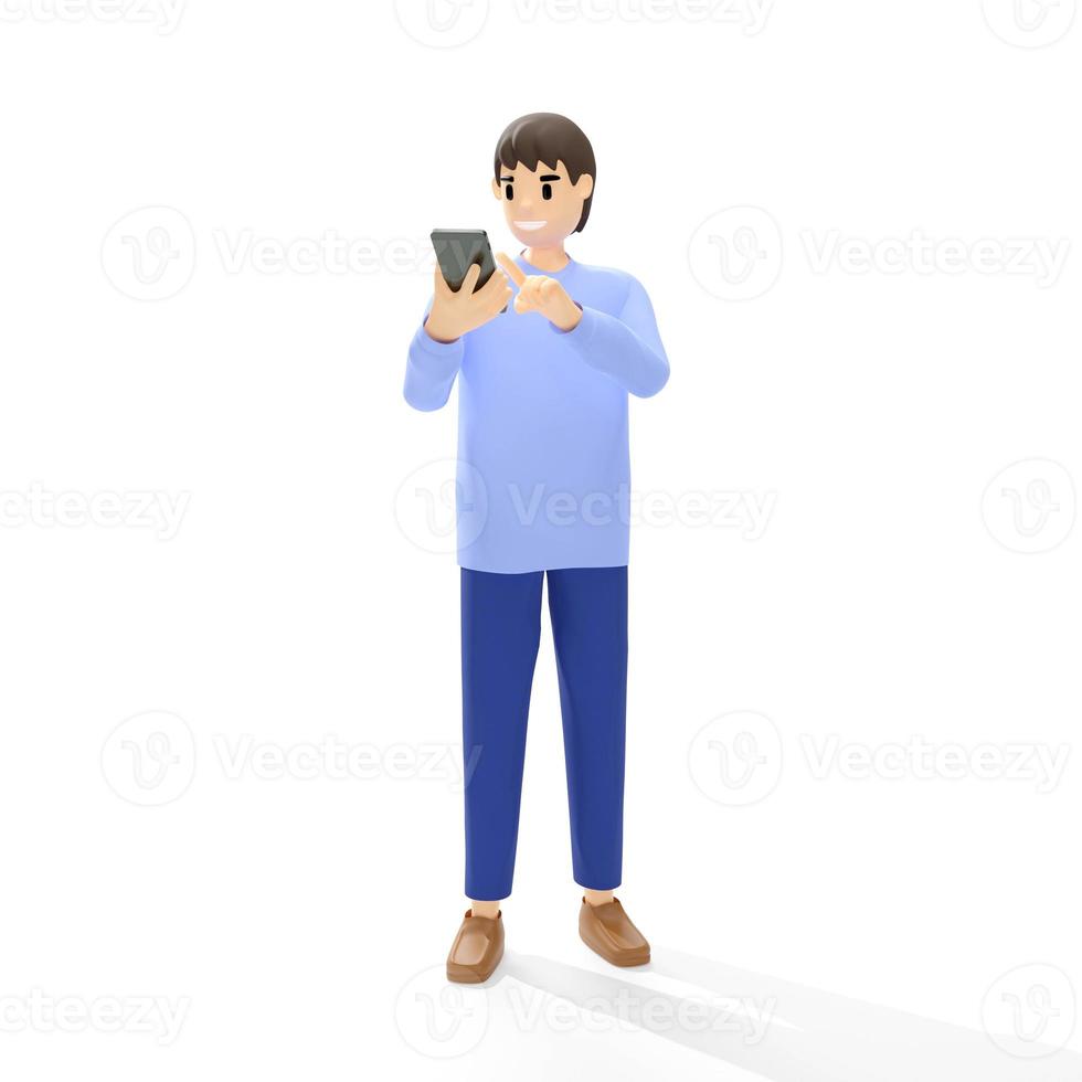 3D homem de pé usando o celular no fundo branco foto