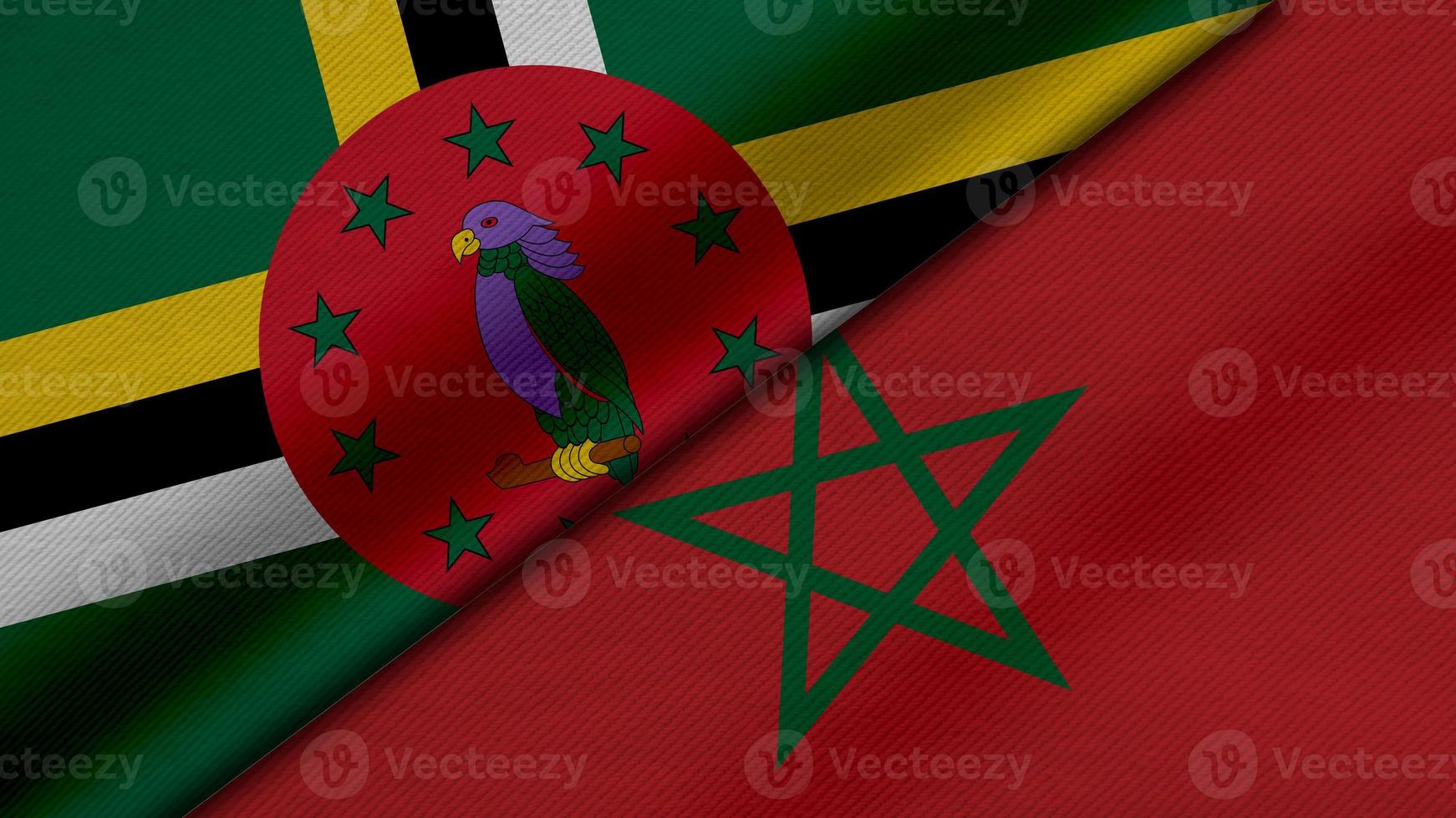 renderização 3D de duas bandeiras da comunidade da dominica e do reino de marrocos juntamente com textura de tecido, relações bilaterais, paz e conflito entre países, ótimo para plano de fundo foto