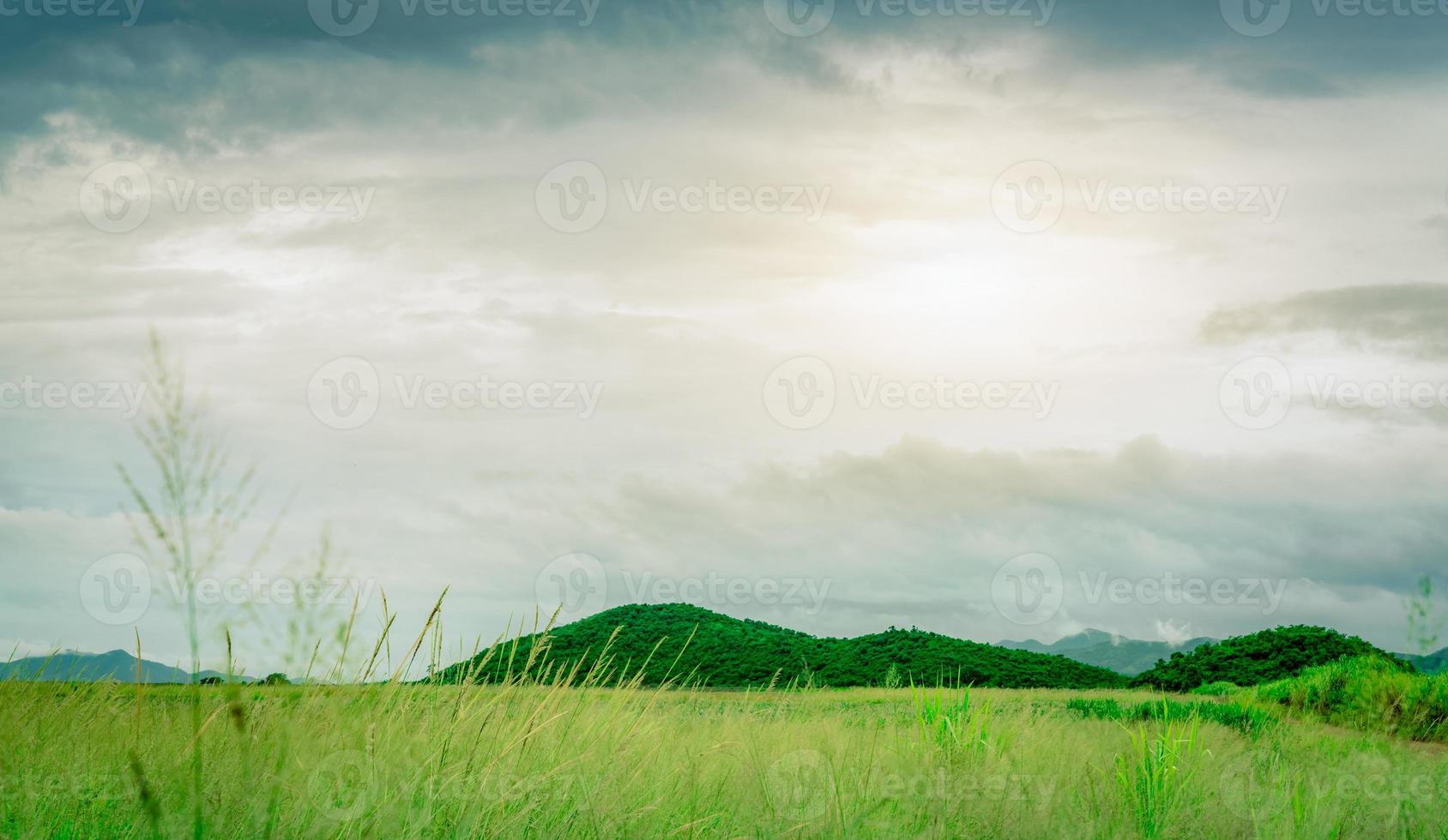 campo de grama verde em frente à montanha na zona rural. paisagem natural. prado de grama verde na fazenda. céu depois da chuva com nuvens brancas e cinzentas. tempo frio. estação chuvosa. terra do vale. ar puro. foto