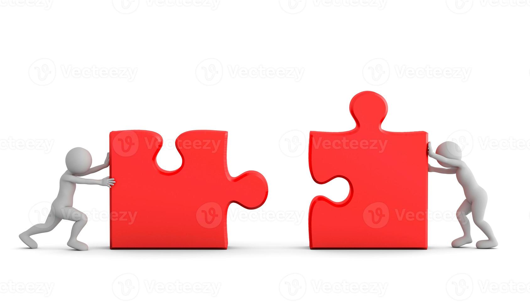 dois homens toon conectam duas peças de quebra-cabeça. conceito de solução de negócios, trabalho em equipe foto