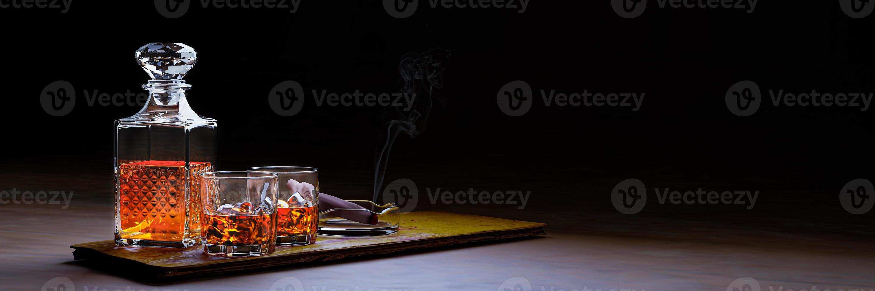 conhaque ou uísque em vidro transparente com cubos de gelo. bebidas alcoólicas são colocadas em bases de madeira. bar bebida conceito cigarros ou charutos colocados no cinzeiro. renderização 3D. foto