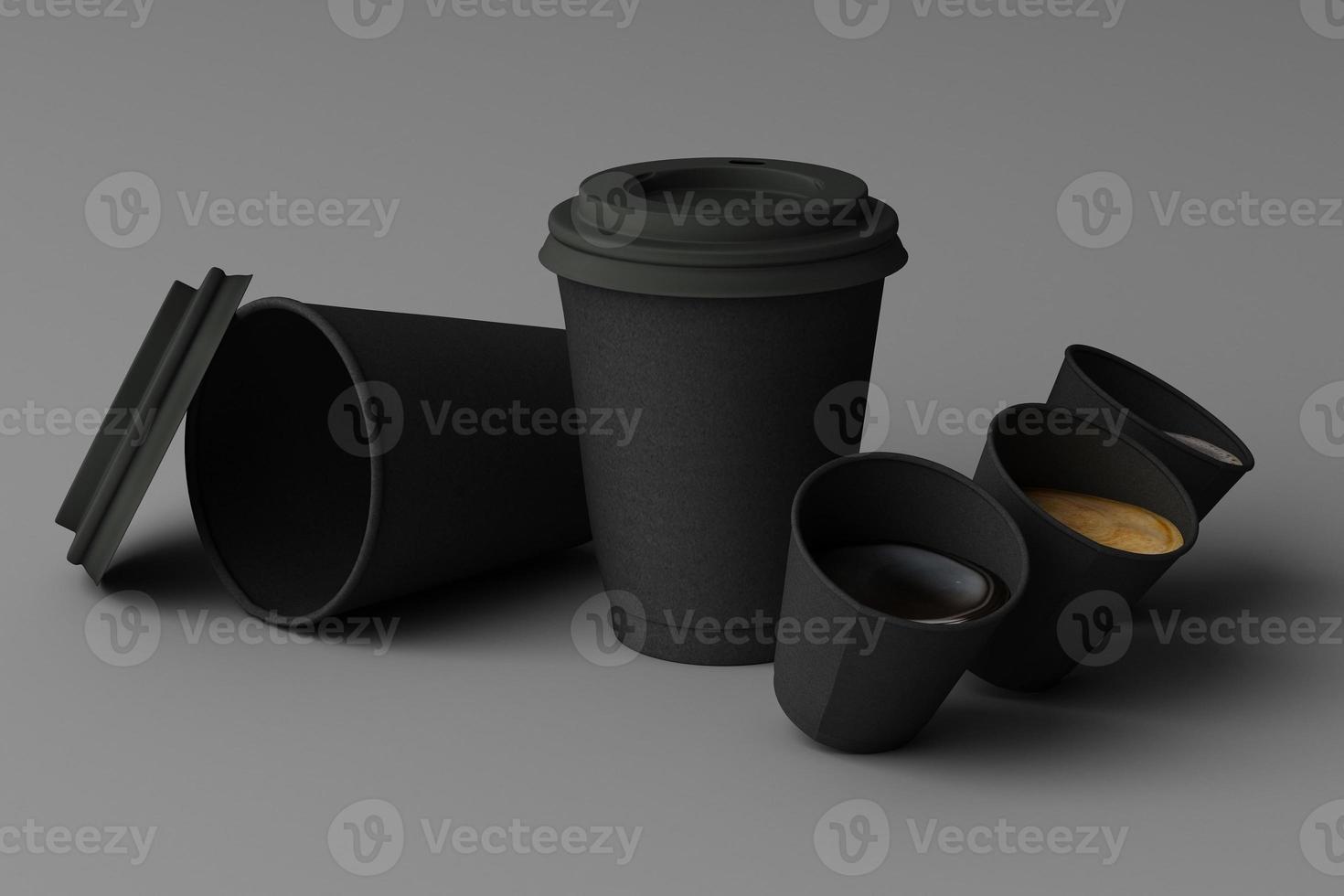 conjunto de xícaras de café preto e saco em fundo pastel. renderização em 3D foto