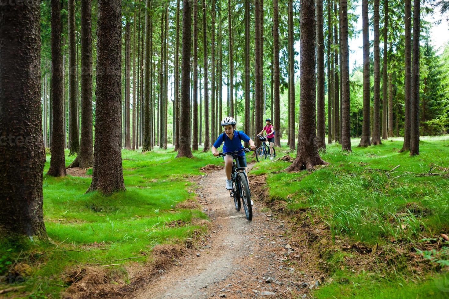 duas mulheres andando de bicicleta em trilhas na floresta foto
