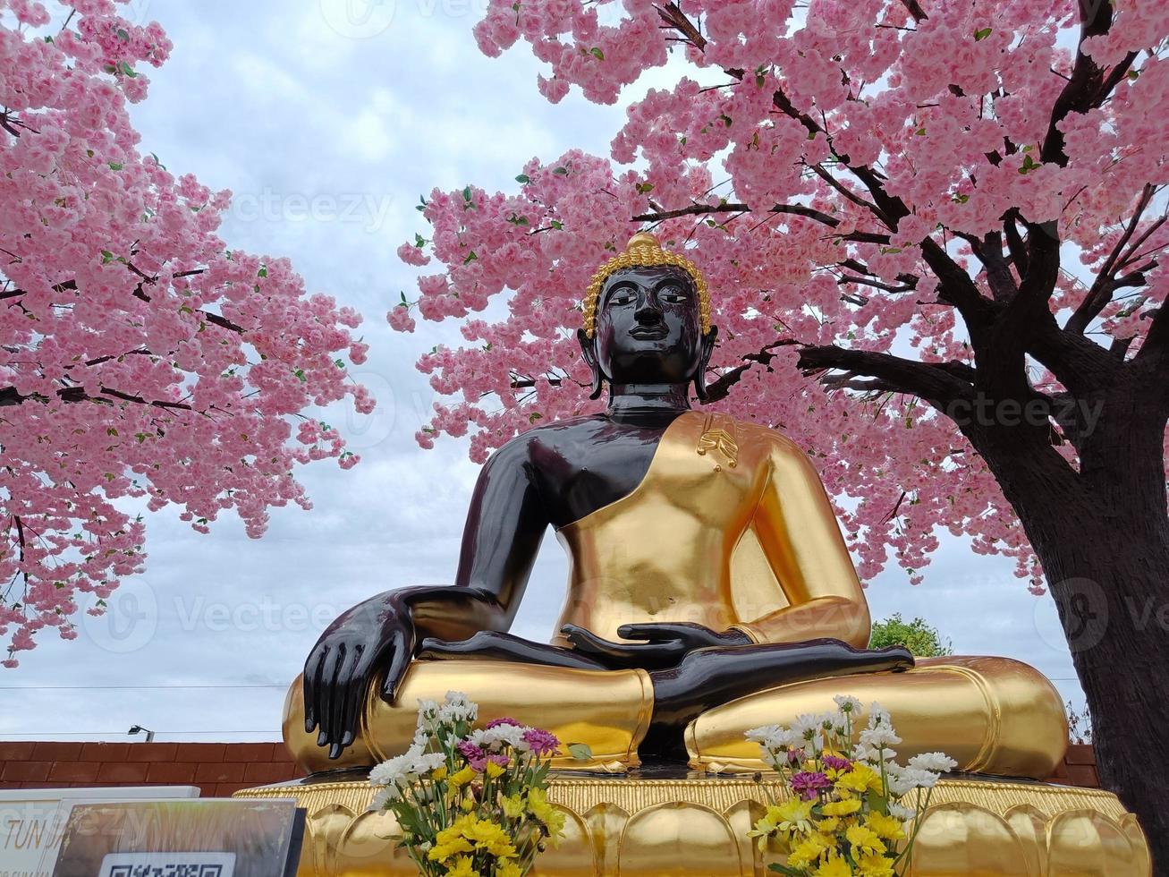 estátua de Buda em textura dourada e preta sob o céu de fundo de folha rosa foto