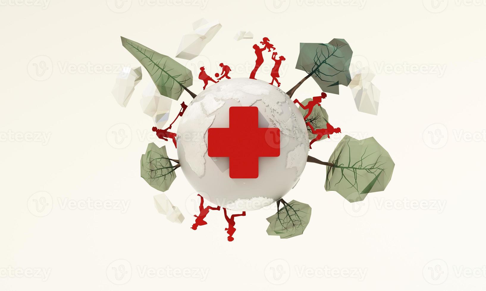 8 de maio, símbolo mundial da cruz vermelha com globo em fundo branco e pessoas de papel vermelho, árvores de baixo poli ao redor do mundo, dia mundial da cruz vermelha e do crescente vermelho, seguro. renderização 3d realista foto