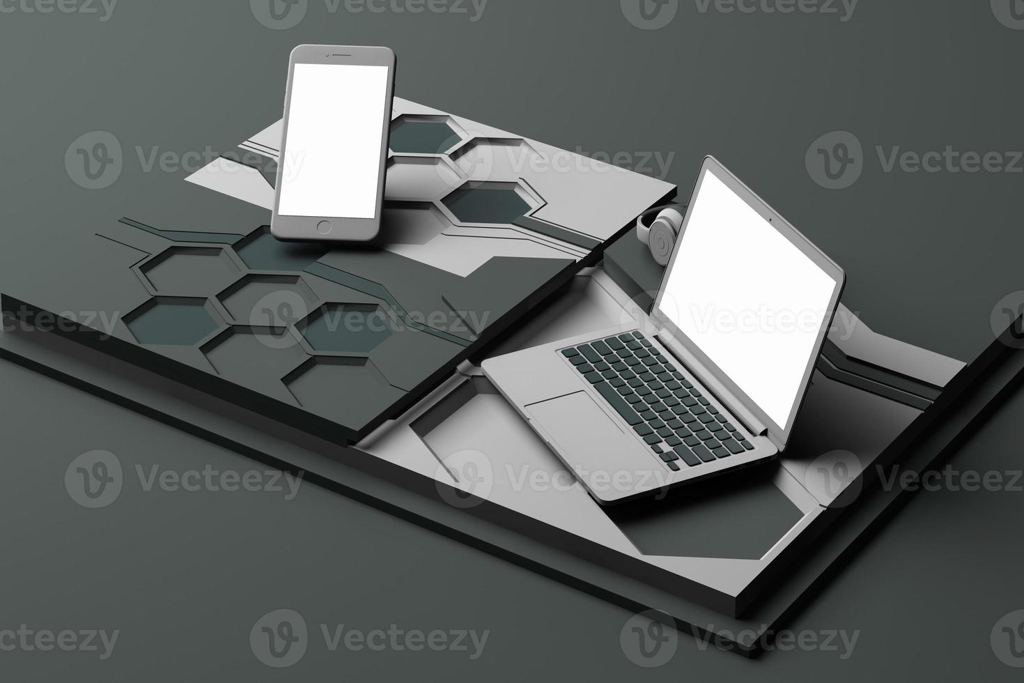 laptop, smartphone e fone de ouvido com composição abstrata de conceito de tecnologia de plataformas de formas geométricas em cor pastel. renderização em 3D foto