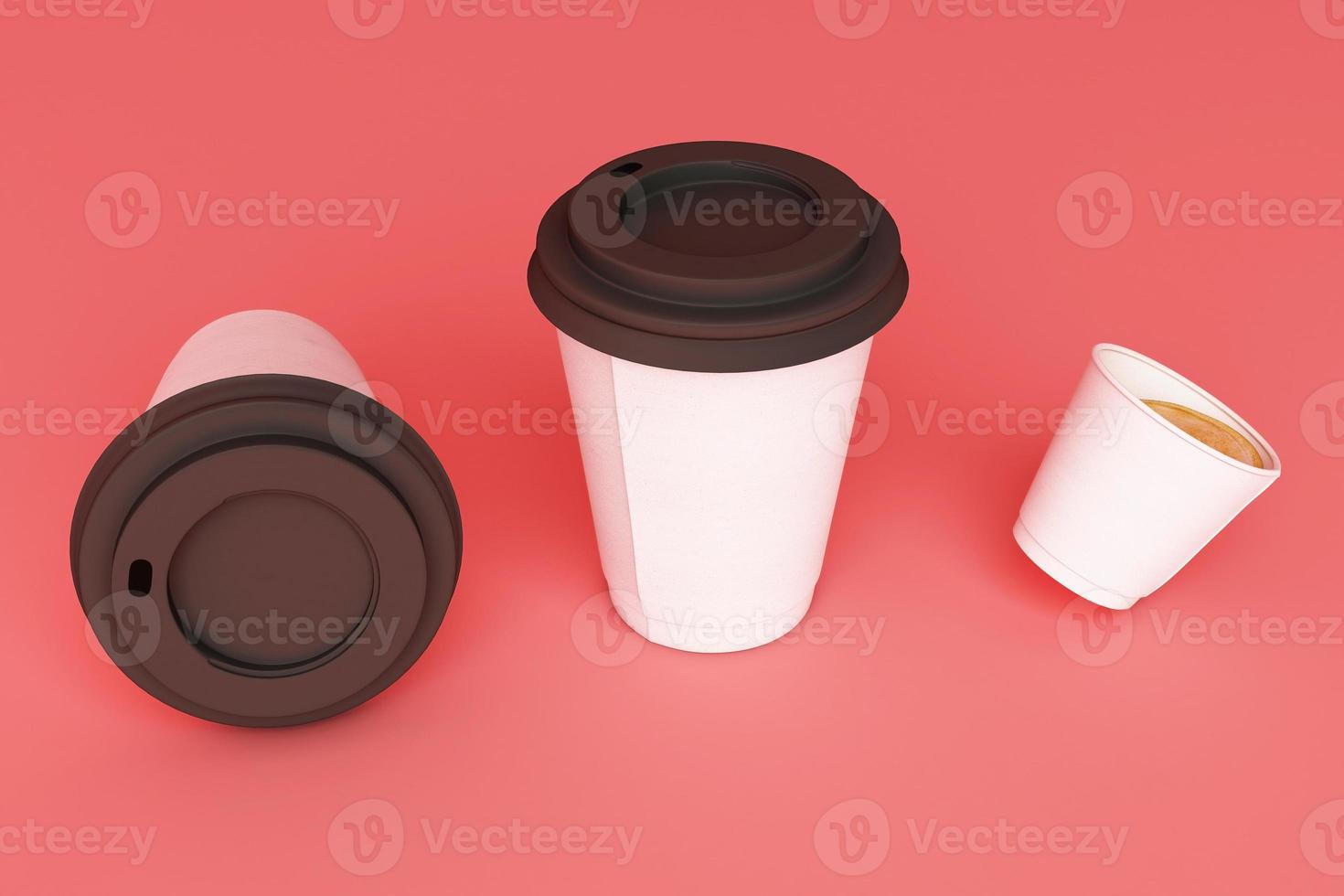 conjunto de xícaras de café preto e saco em fundo pastel. renderização em 3D foto