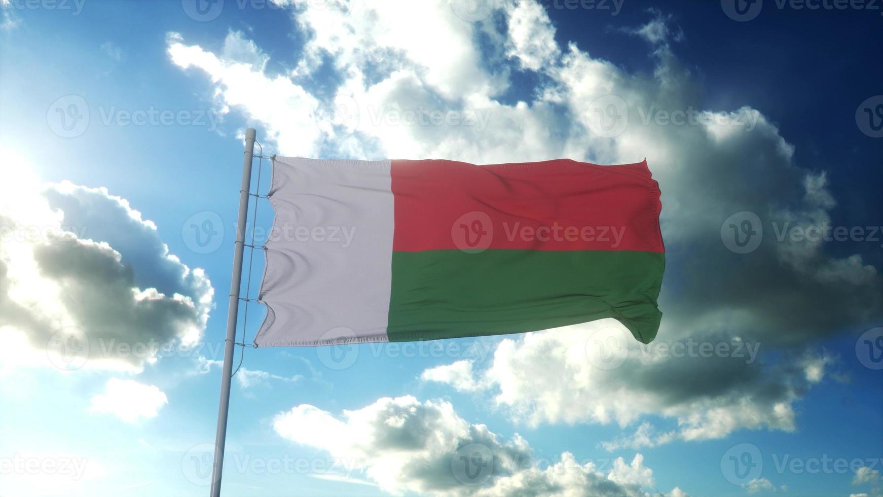 bandeira de madagascar balançando ao vento contra o lindo céu azul. renderização em 3D foto