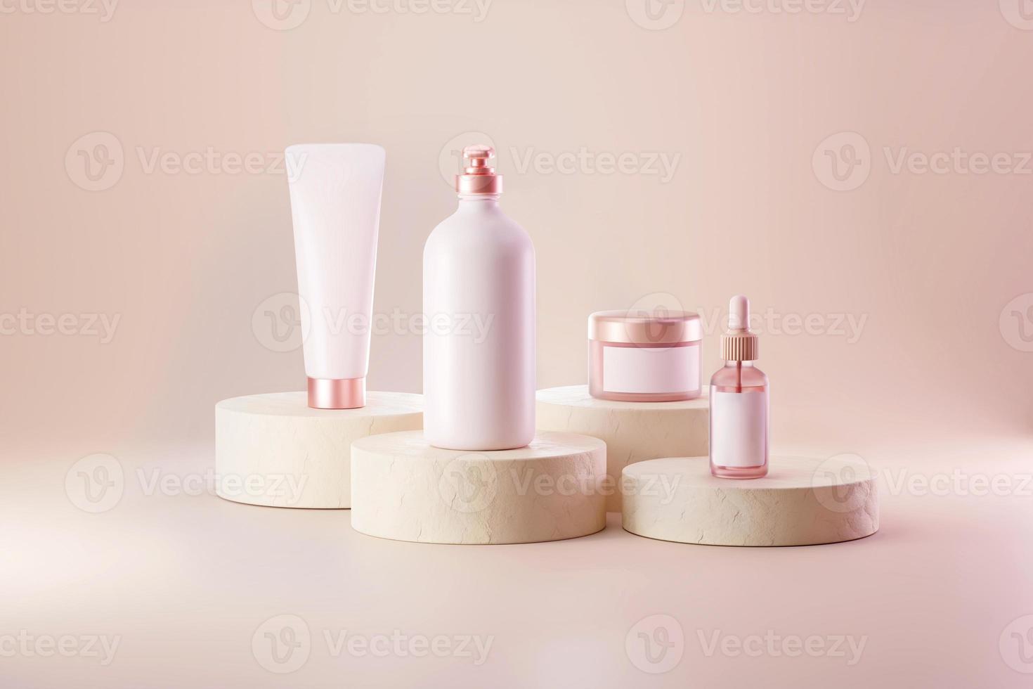 conjunto de embalagens brancas de cosméticos mínimos e ilustração 3d de maquete de soro e hidratante rosa para um anúncio e banner. foto