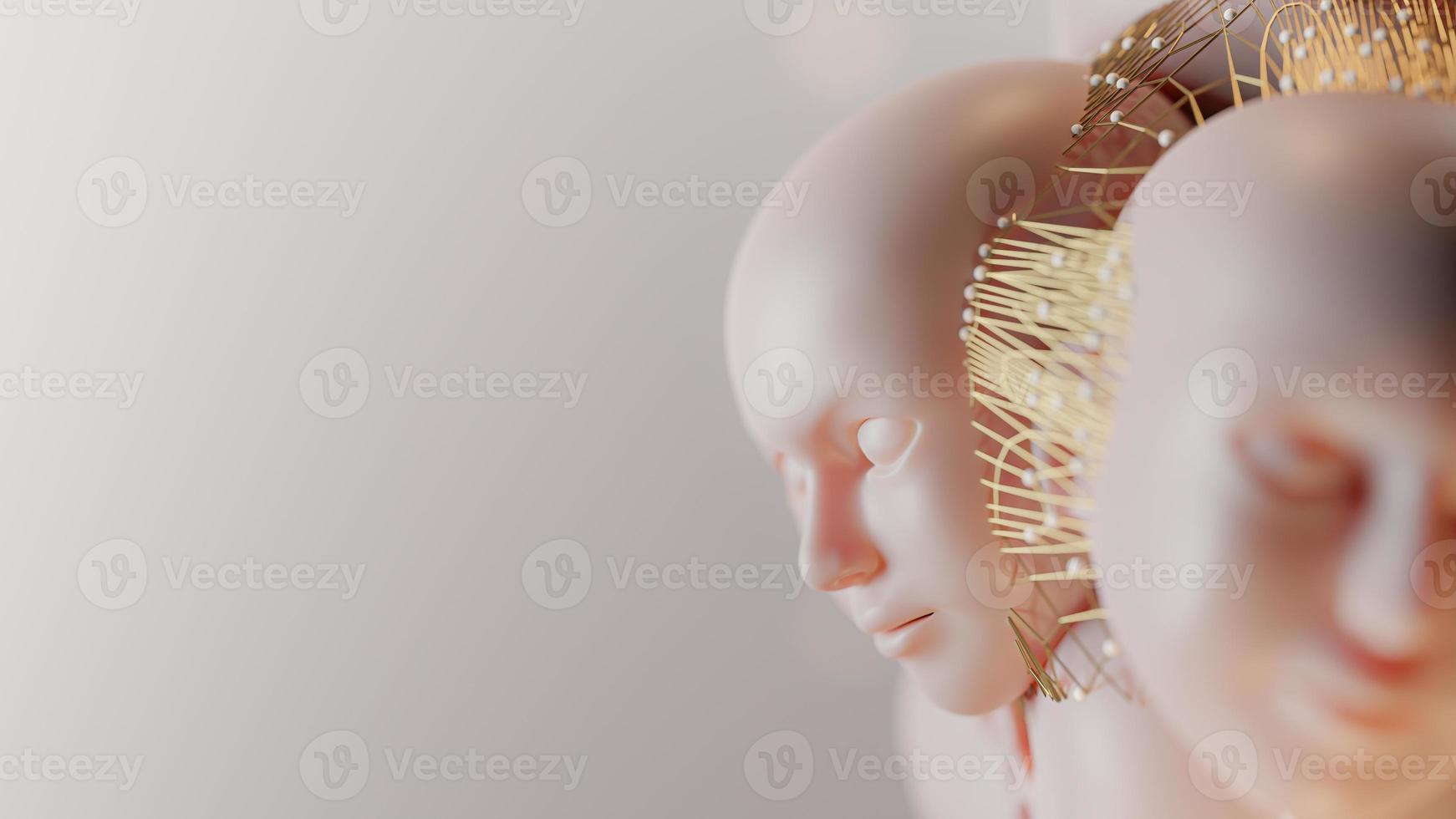 abstrato. cabeça de pessoas sobrepostas e prenda com rede dourada. foto