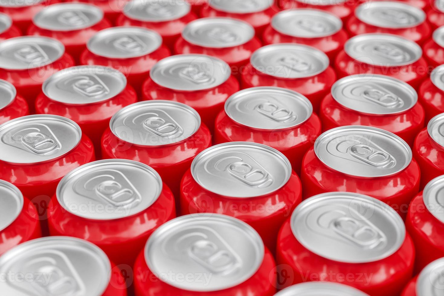 muitas latas de refrigerante de metal vermelho. renderização em 3D foto