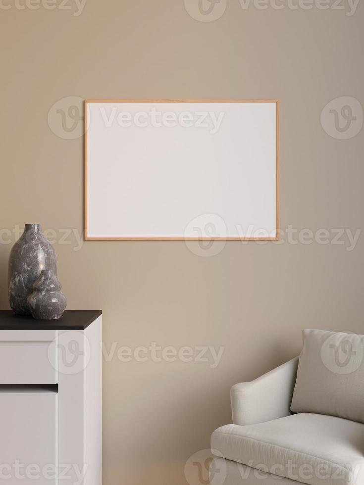 cartaz de madeira horizontal simples e minimalista ou maquete de moldura na parede da sala de estar. renderização 3D. foto