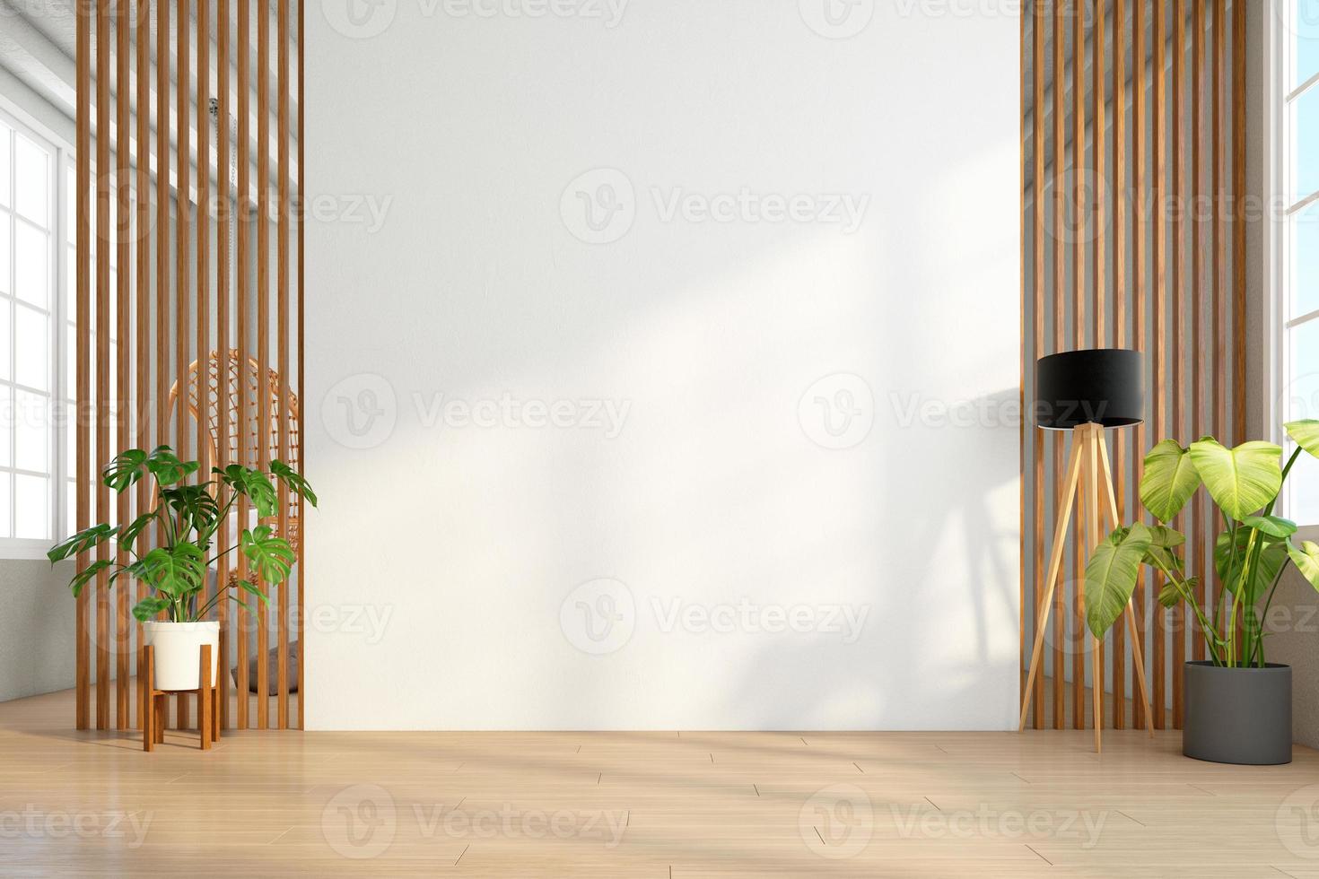 quarto vazio com parede de ripas de madeira e parede branca, lâmpada de assoalho. renderização em 3D foto