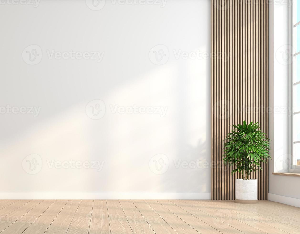 quarto vazio minimalista com parede branca e piso de madeira e plantas verdes internas. renderização em 3D foto