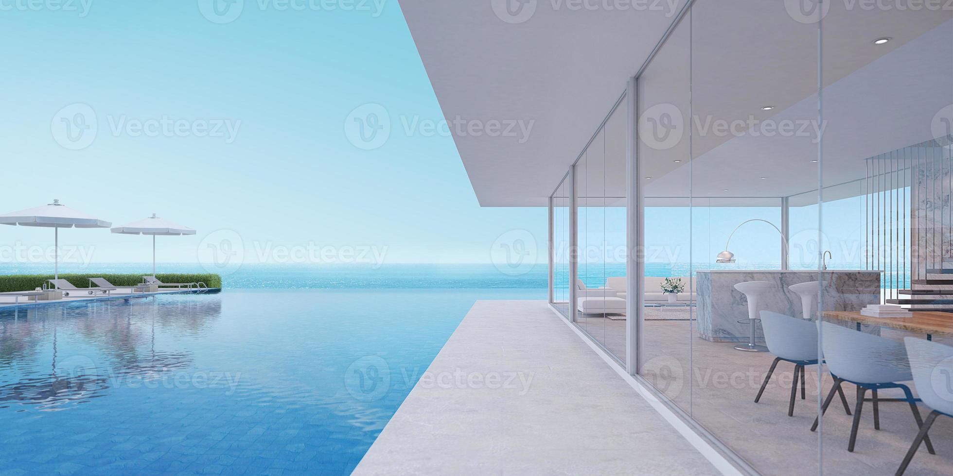 casa de luxo com piscina com vista para o mar e terraço em casa de férias, ilustração 3d foto