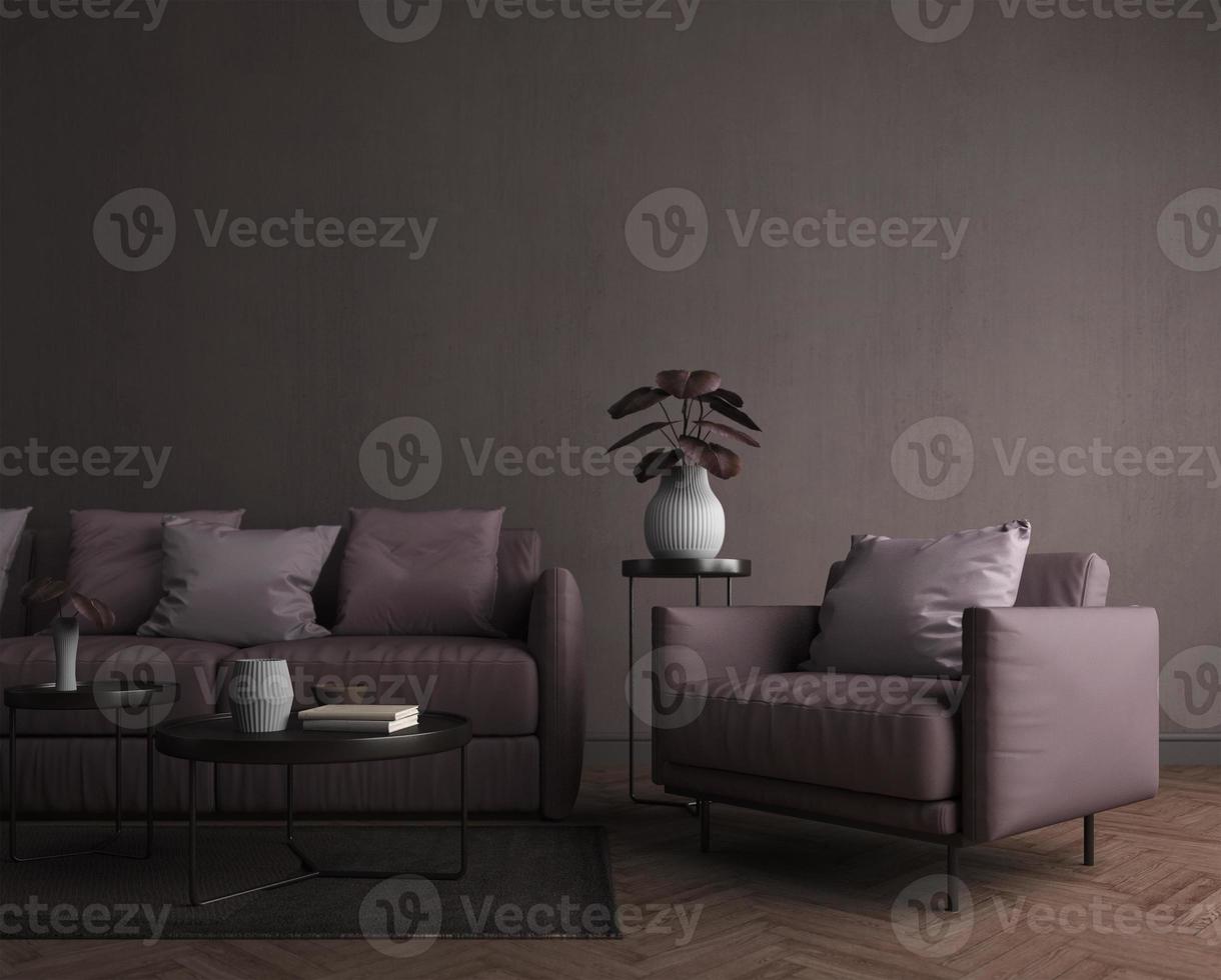 sala de estar de tom escuro em estilo moderno com sofá, poltrona e planta. renderização em 3d foto