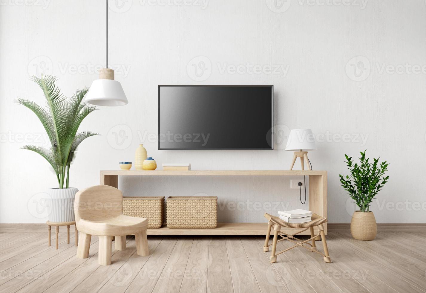 interior da sala de estar com suporte de tv, cadeira, lâmpada, vaso e planta no fundo da parede branca. estilo mínimo. renderização em 3d foto