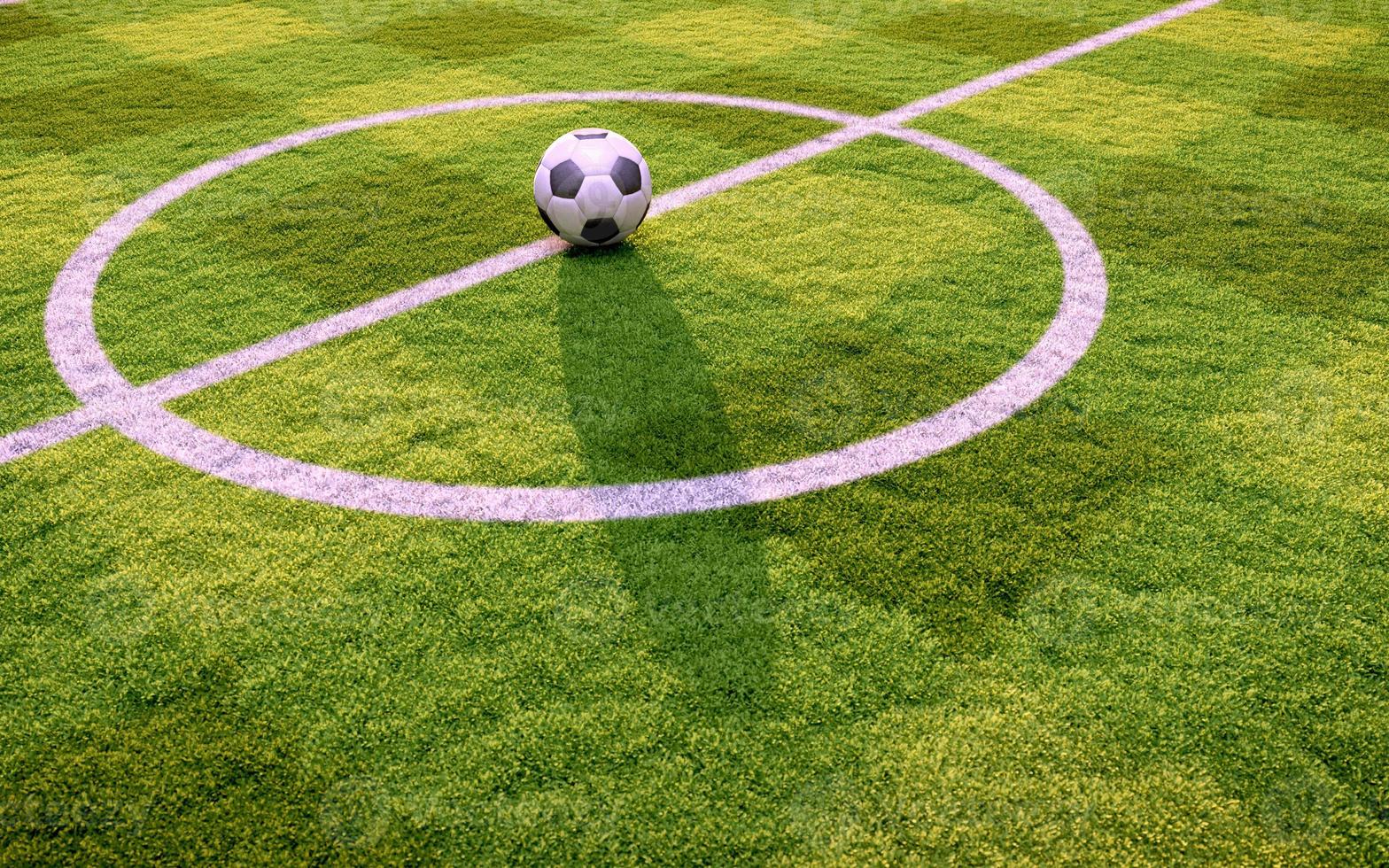 centro de campo de futebol e bola com renderização shadow.3d foto