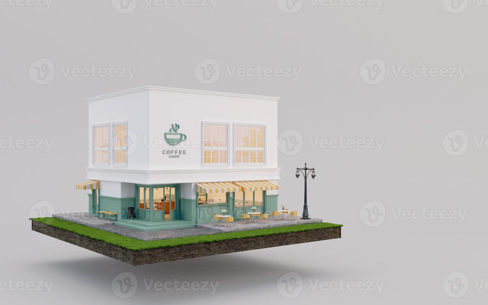 cafeteria na terra e gramado em venda de imóveis ou conceito de investimento imobiliário. renderização em 3d foto