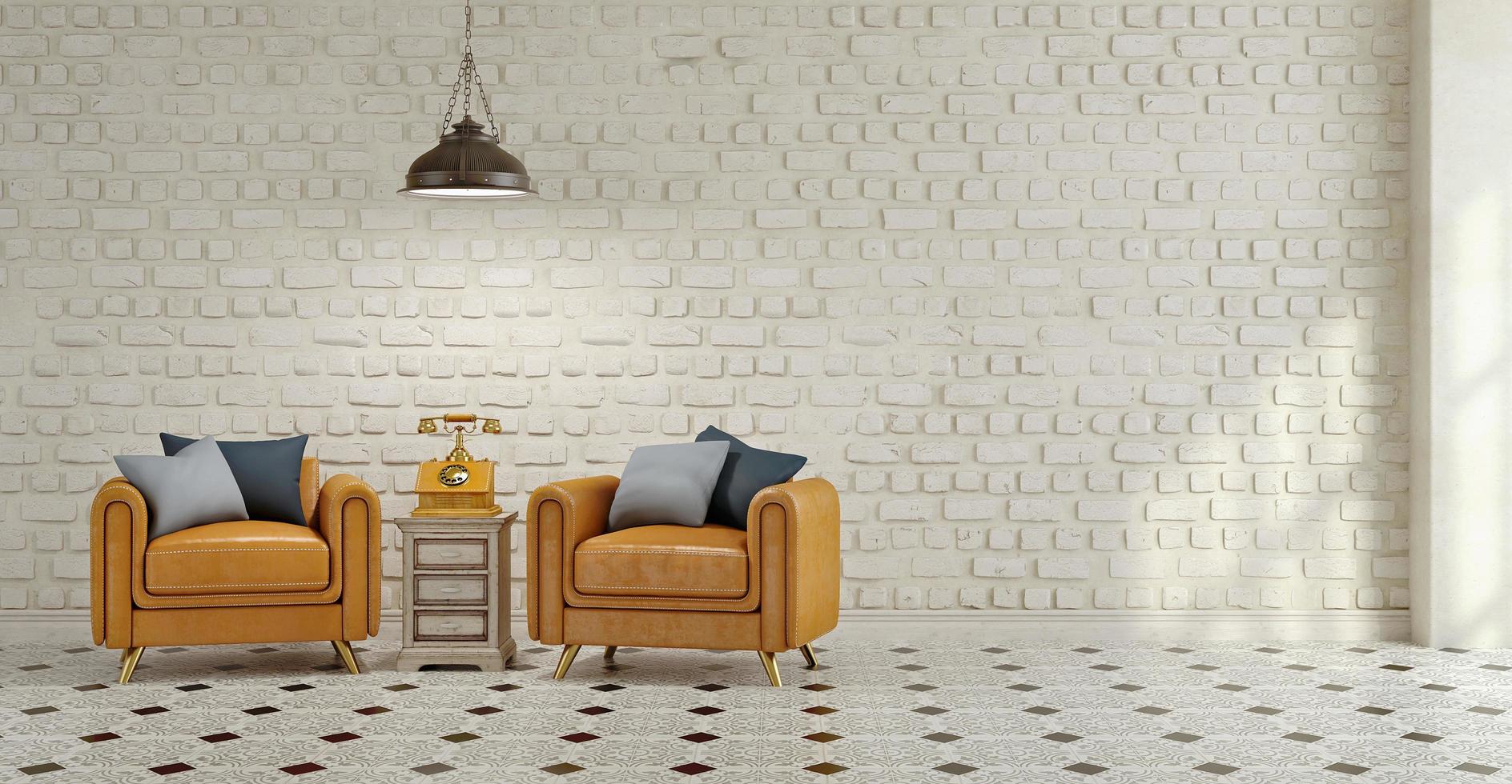 poltronas de couro estilo vintage interior.bege com almofadas, telefone analógico antigo na mesa lateral, lâmpada de teto preto, fundo de tijolo branco e piso frio. renderização em 3d foto