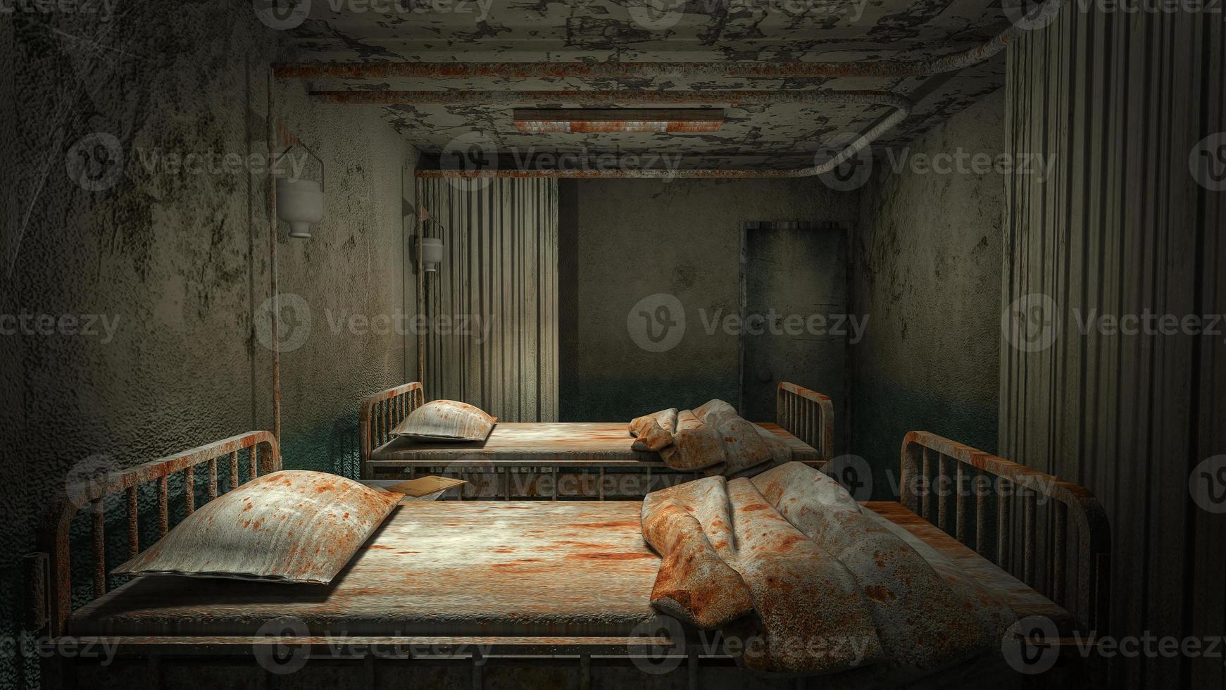 horror e sala de enfermaria assustadora no hospital com renderização de sangue .3d foto