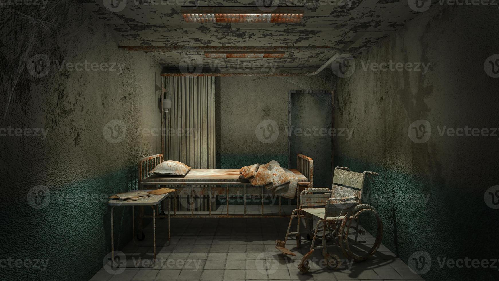 horror e sala de enfermaria assustadora no hospital com renderização de sangue .3d foto