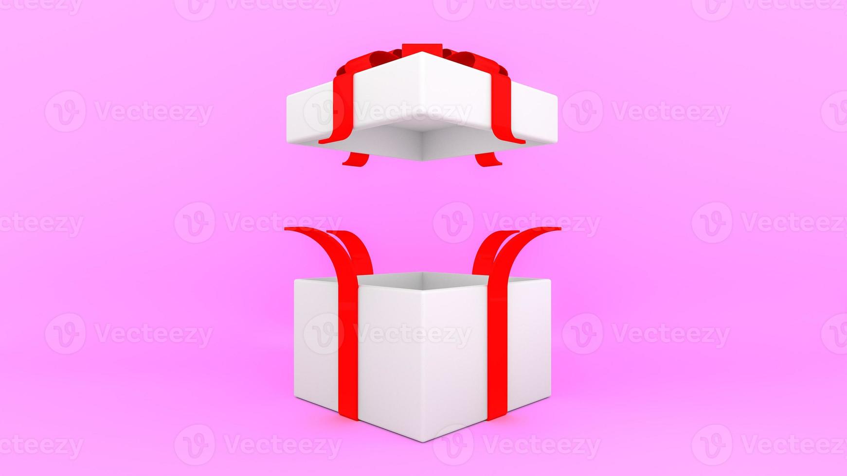 caixa de presente branca aberta com fita vermelha em fundo rosa., conceito mínimo de natal e ano novo., renderização em 3d. foto