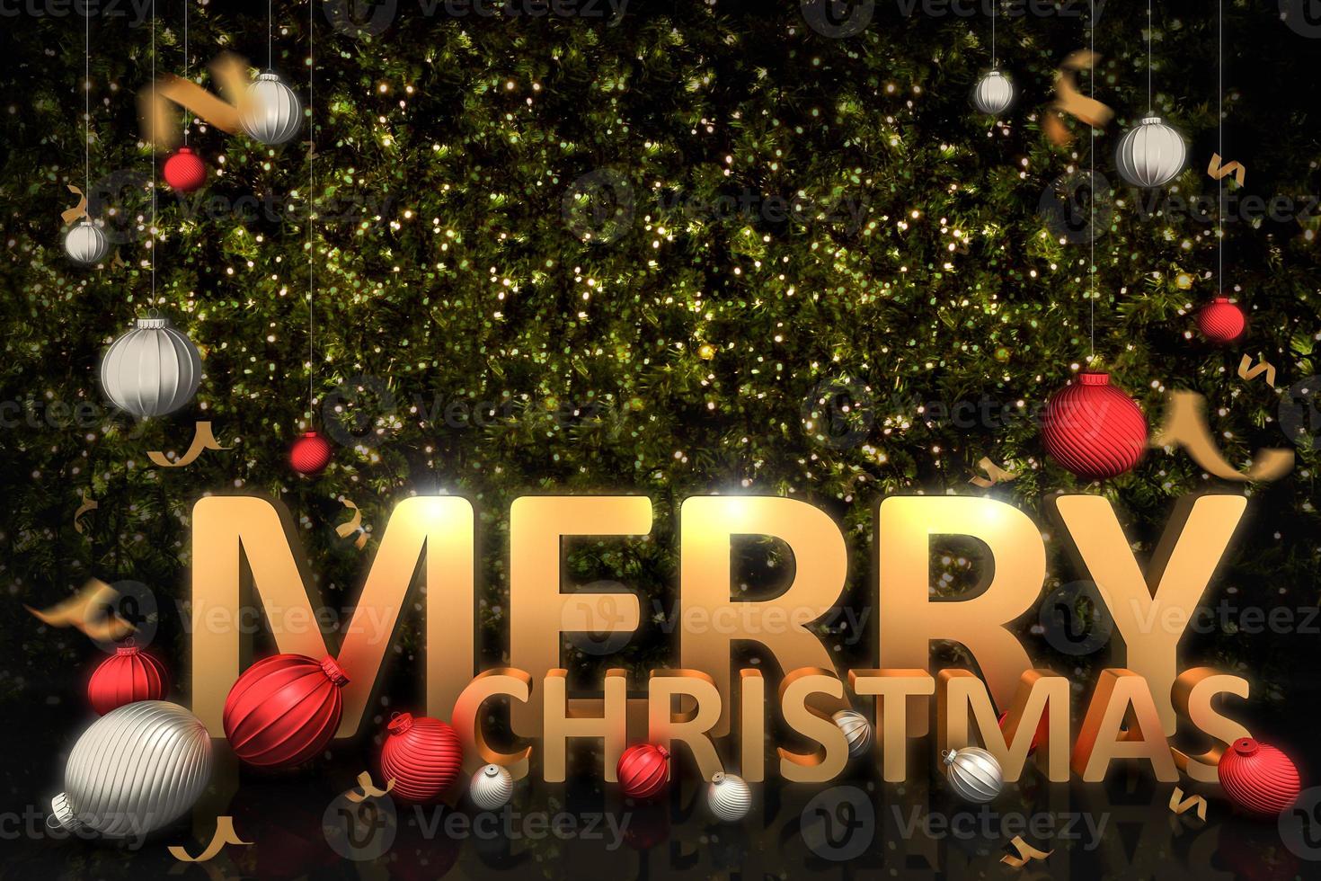 tipografia de feliz natal dourada com bola e confete na iluminação de fundo da árvore de natal., renderização em 3d. foto