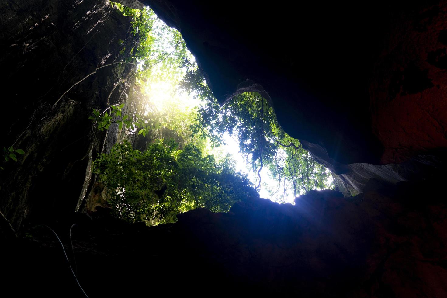 vista interna da entrada da caverna. está coberto de árvores e folhas verdes. e vi a luz do céu brilhar foto