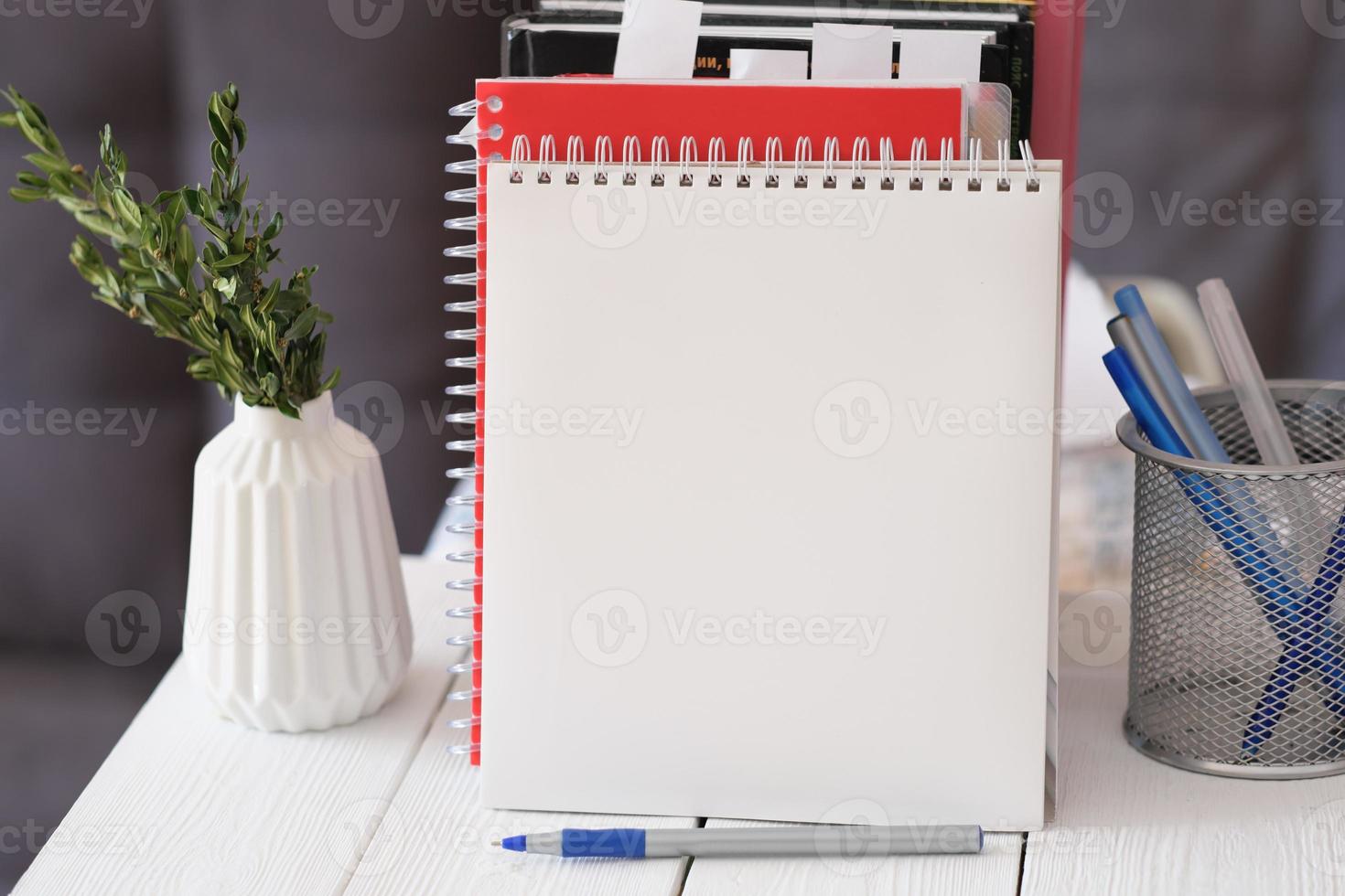 um caderno aberto com páginas em branco e uma caneta. página aberta do bloco de notas com folhas estacionárias e verdes em um vaso. modelo de estilo de vida. foto