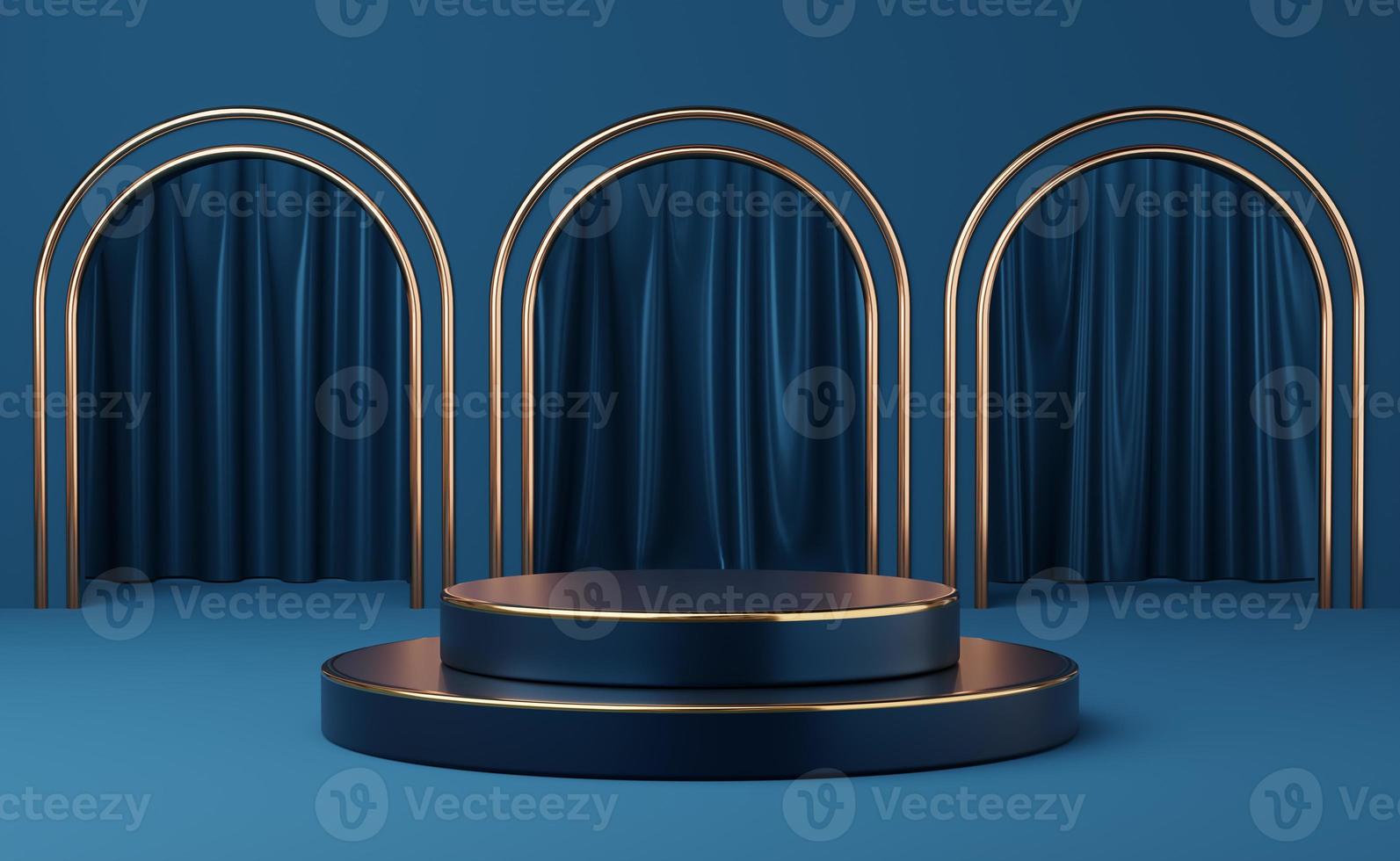 pódio de cilindro azul vazio no fundo da cortina azul do arco de borda de ouro. objeto de forma geométrica 3d estúdio mínimo abstrato. espaço de maquete para exibição de design de produto. renderização 3D. foto