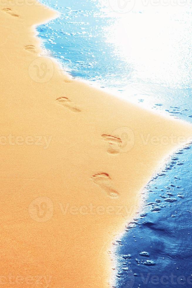 caminhando na praia, deixando pegadas na areia. foto