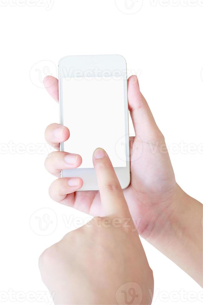 mão feminina segurando o smartphone branco foto