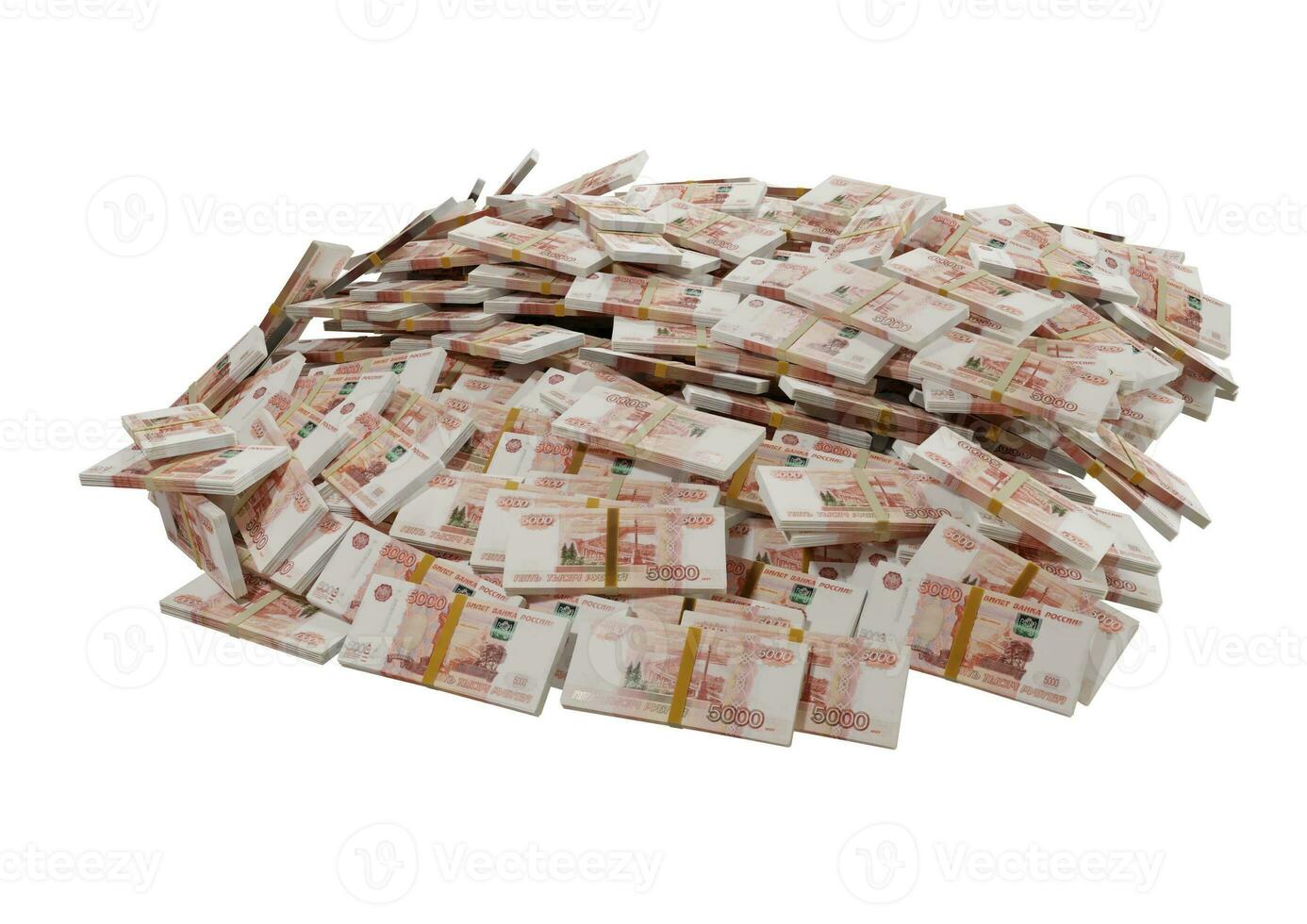 empilhar dinheiro russo ou notas de rublos da rússia espalhados em um fundo branco isolado o conceito de economia, finanças, plano de fundo, notícias, mídias sociais e textura de dinheiro renderização em 3d foto