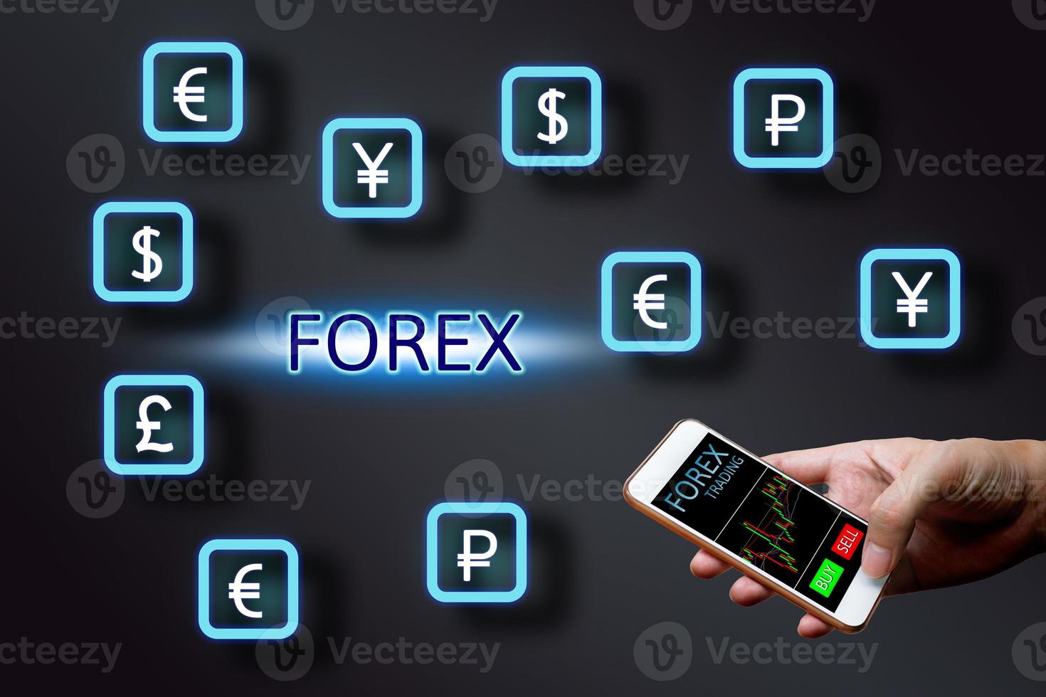 conceito de forex, empresário segurando fundo de ícone de telefone inteligente e moeda. foto