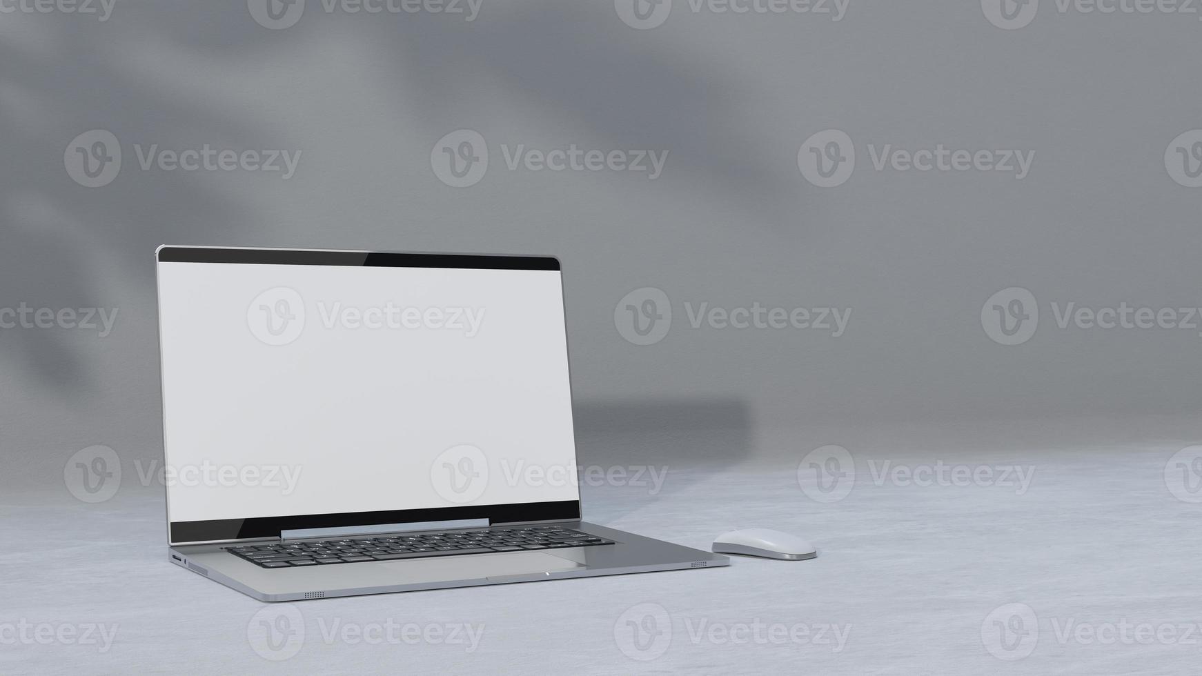 laptop de exibição vazio com decoração mínima. sombra da árvore no chão de cimento. computador de maquete e conceito de minimalismo. foto