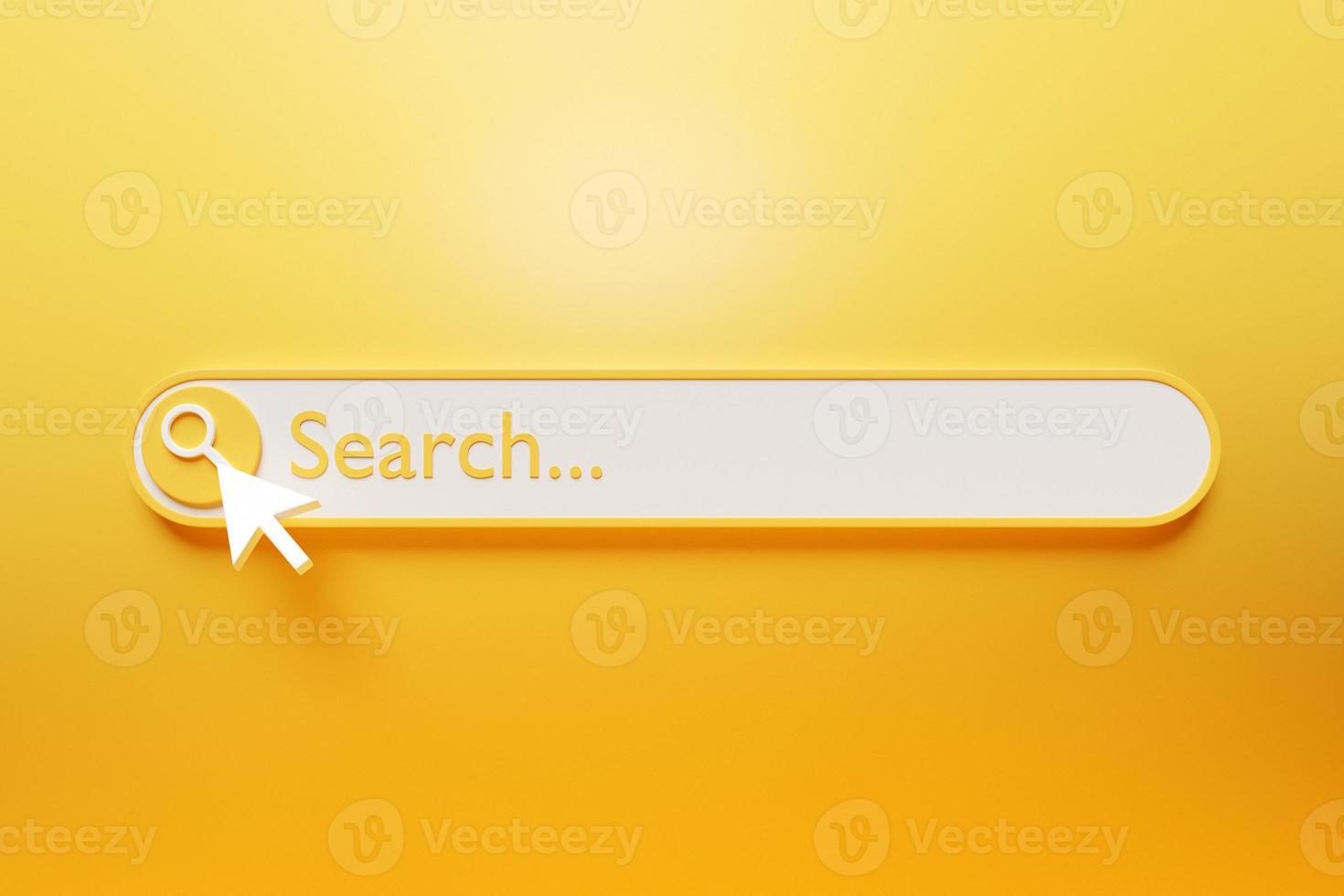 Ilustração 3D de uma página de pesquisa na internet em um fundo amarelo. ícones da barra de pesquisa foto