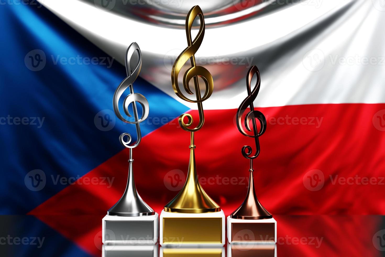 prêmios de clave de sol para ganhar o prêmio de música no contexto da bandeira nacional da tcheca, ilustração 3d. foto