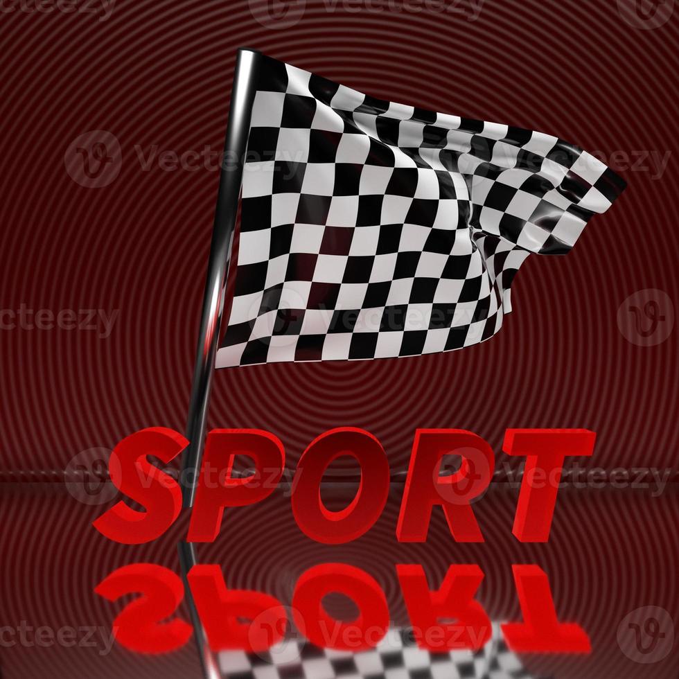 Close-up de ilustração 3D de uma bandeira com um padrão de xadrez para o início da corrida com o esporte de inscrição em um fundo vermelho. bandeira de fim de competição. foto