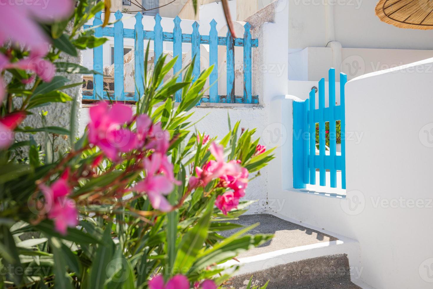 Santorini, Grécia. vila de oia. cerca azul e portão com flores cor de rosa sobre arquitetura branca. rua idílica cênica na grécia foto