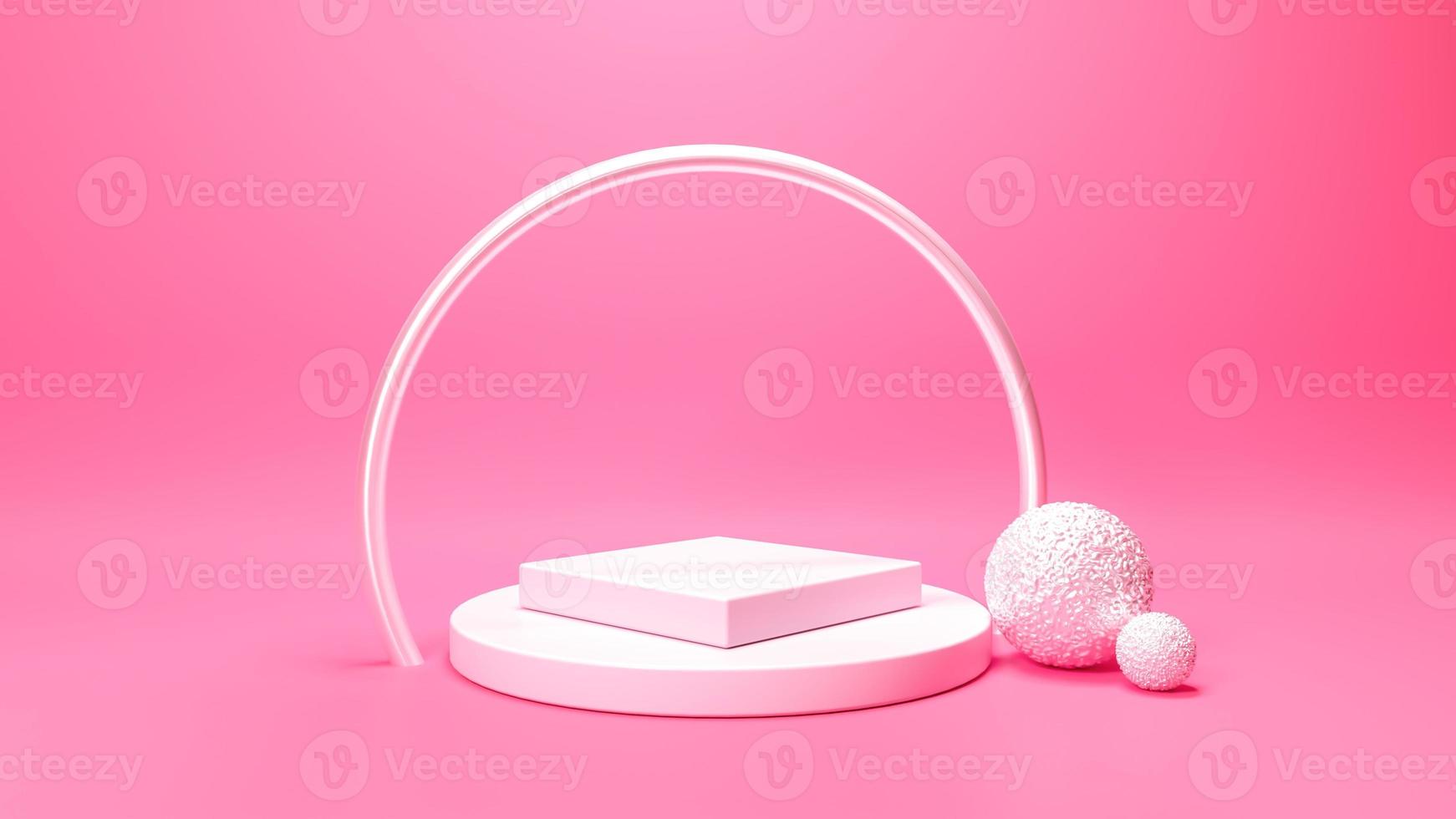 Conjunto de pódio 3d arco de aço prateado metalizar bolas pastel fundo rosa natural. promoção de produto de verão abstrato sutil na moda. copie o espaço 3d renderiza a ilustração 3d bela abstrata foto