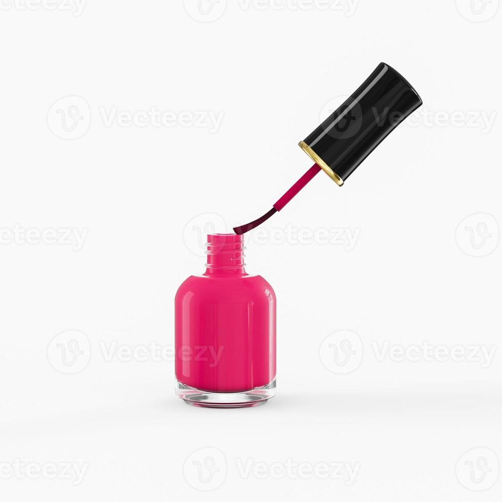 frasco redondo de esmalte rosa brilhante com tampa preta. modelo de maquete de embalagem realista. vista frontal. garrafa de esmalte vermelho na ilustração 3d de fundo branco foto