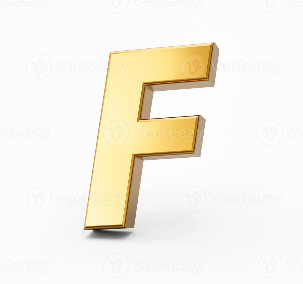 alfabeto dourado f no fundo branco isolado letras douradas 3d números ilustração 3d foto