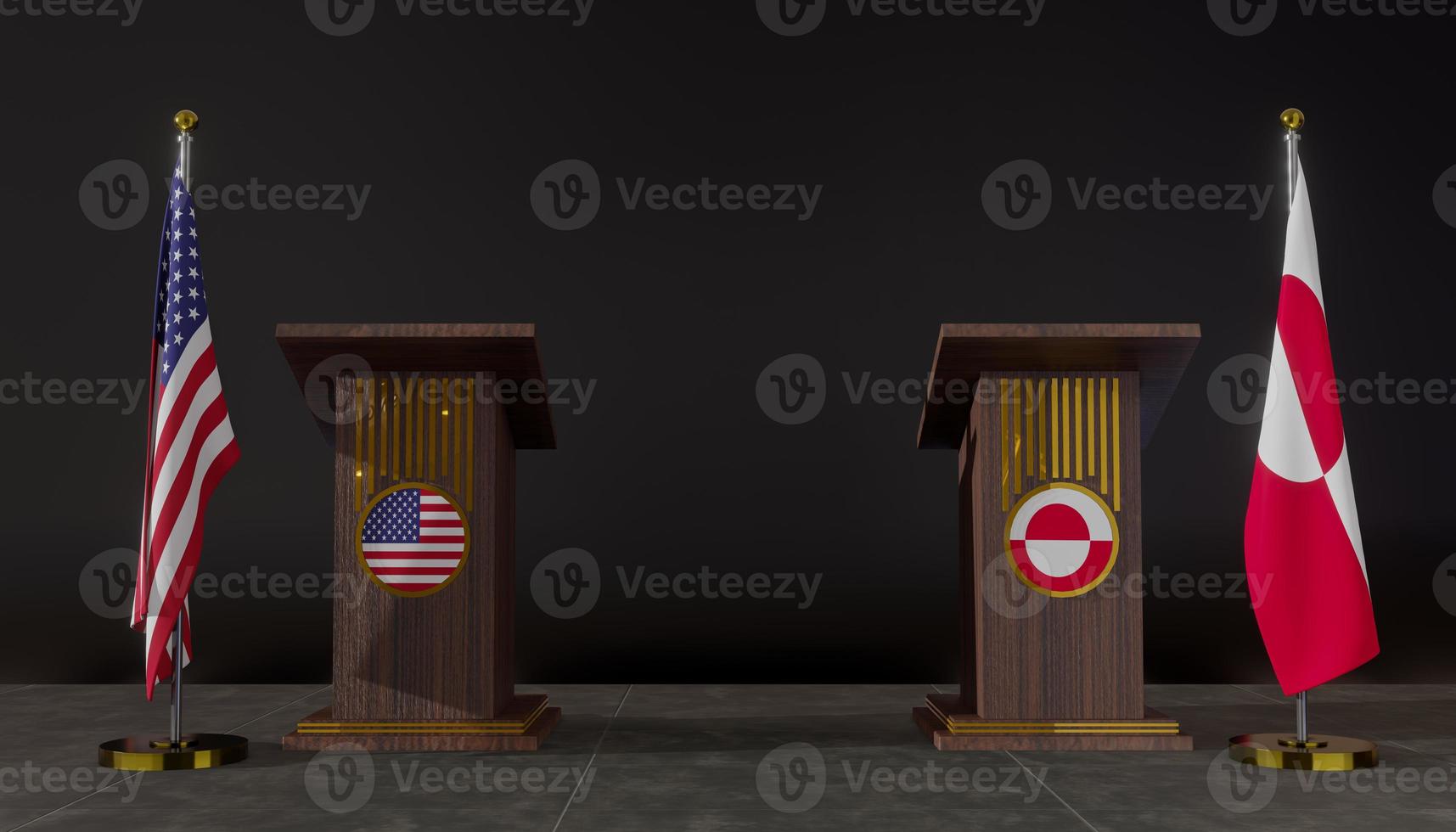 bandeiras dos EUA e da Groenlândia. bandeira dos EUA e da Groenlândia. negociações EUA e Groenlândia. tribuna para discursos. trabalho 3d e imagem 3d foto